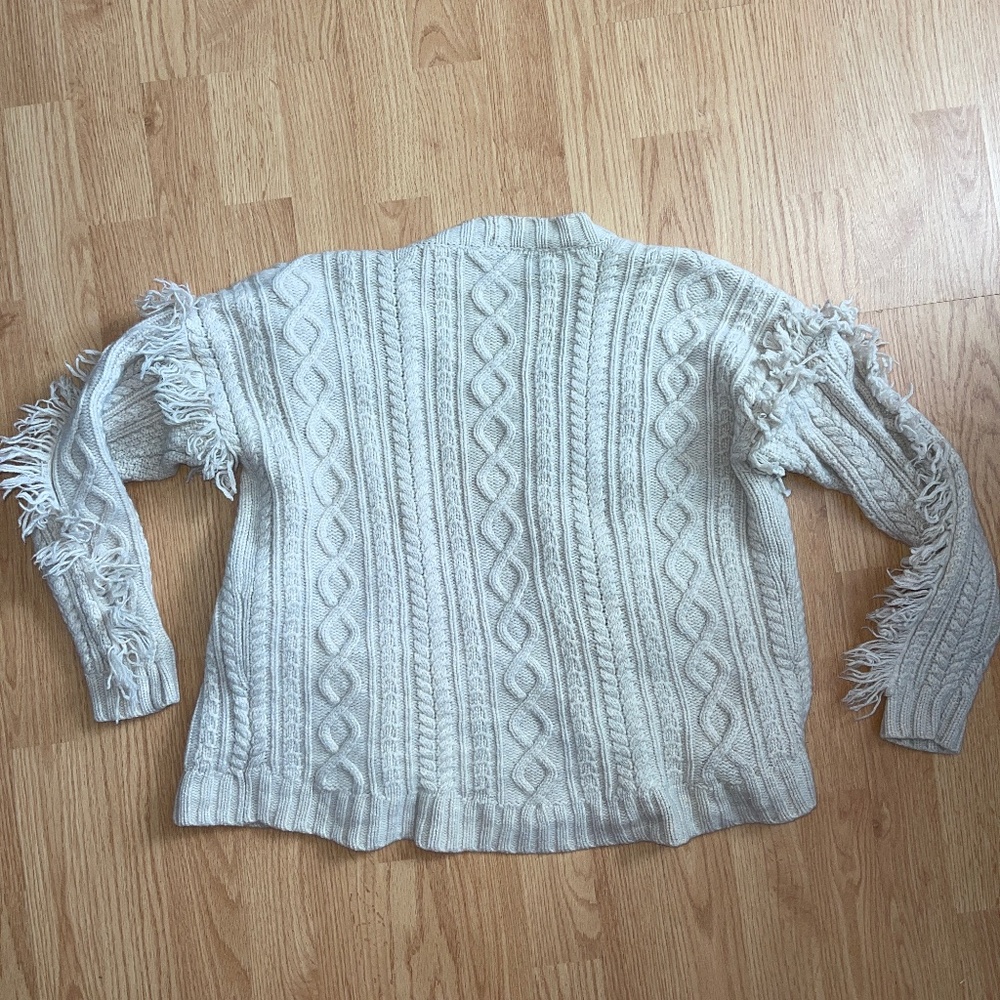 Madewell Cable Knit Cream Cardigan / Sweater Jacket with Fringe Sleeve Size Smal - Picture 8 of 8